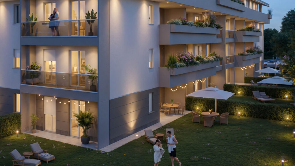 vista sul giardino e l'esterno della nuova costruzione residenza laura a novate milanese