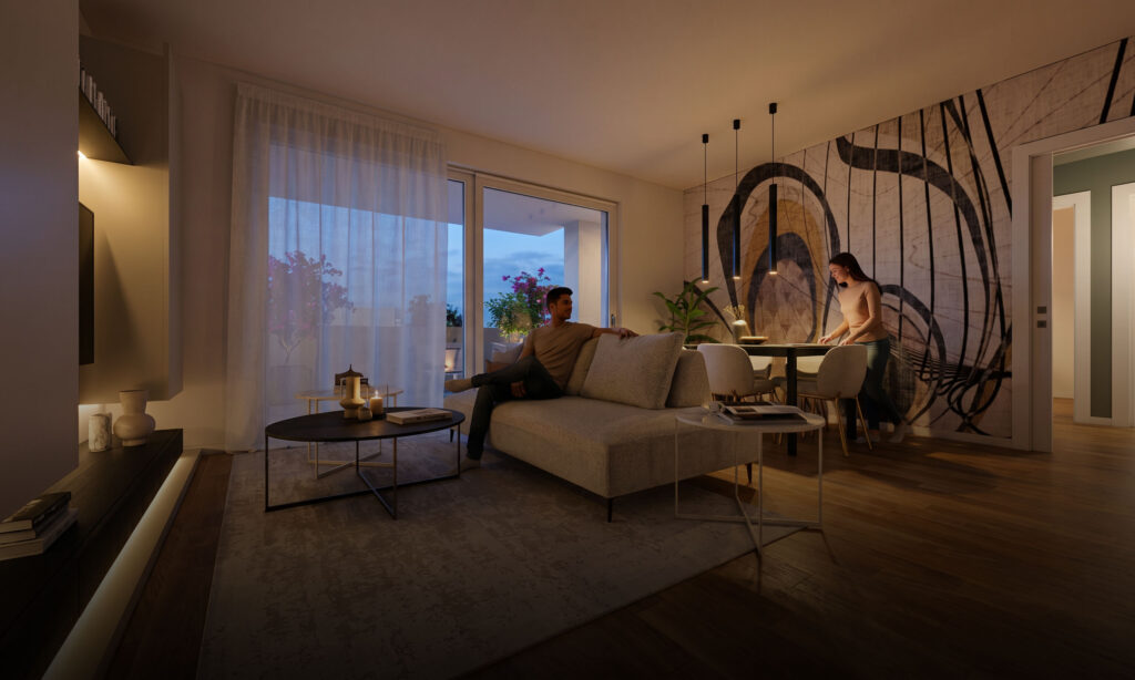 vista panoramica del soggiorno della nuova costruzione residenza laura a novate milanese