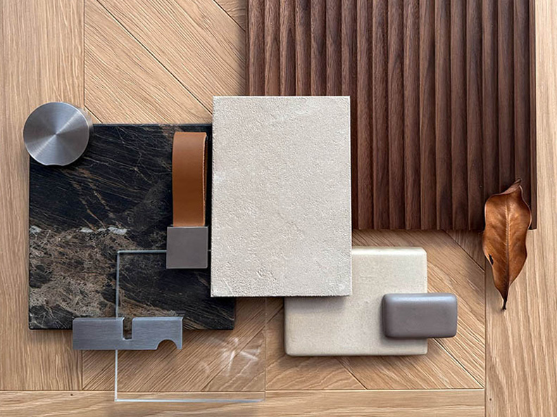 moodboard di progetto con materiali con legno, vetro, acciai, pietra, resina